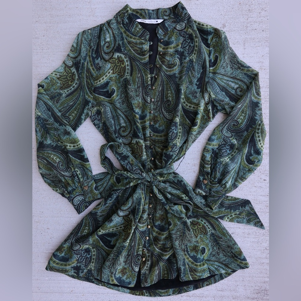 Zara Green and Brown Paisley Mini Dress